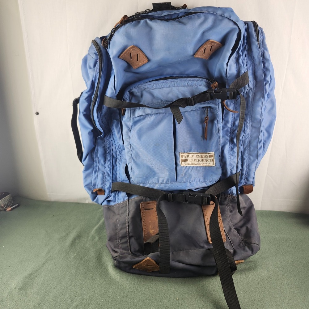Vtg WILDERNESS EXPERIENCE Blue Canvas Leather Backpack Internal Frame USA